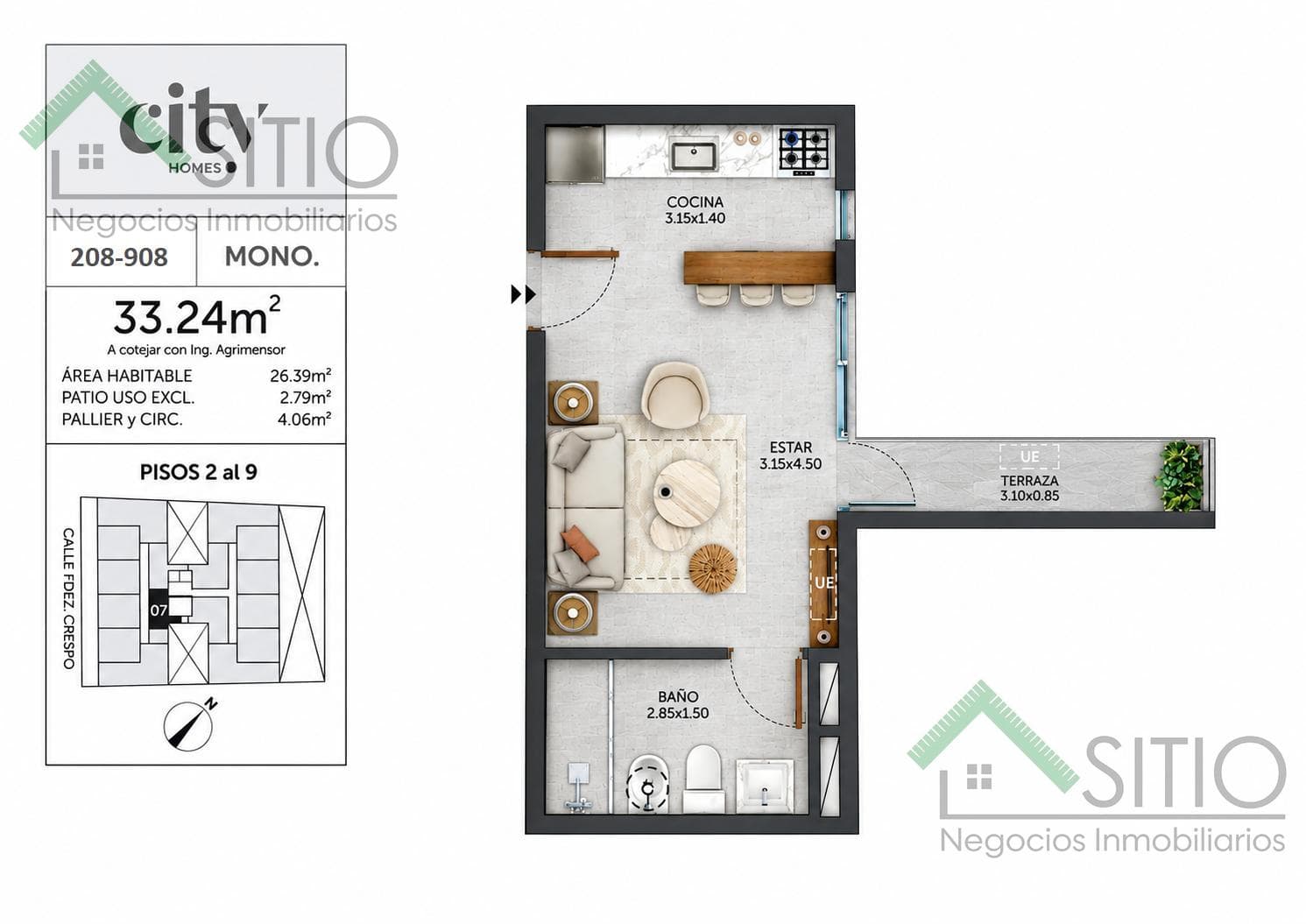 Venta monoambiente con terraza-balcón en Cordón